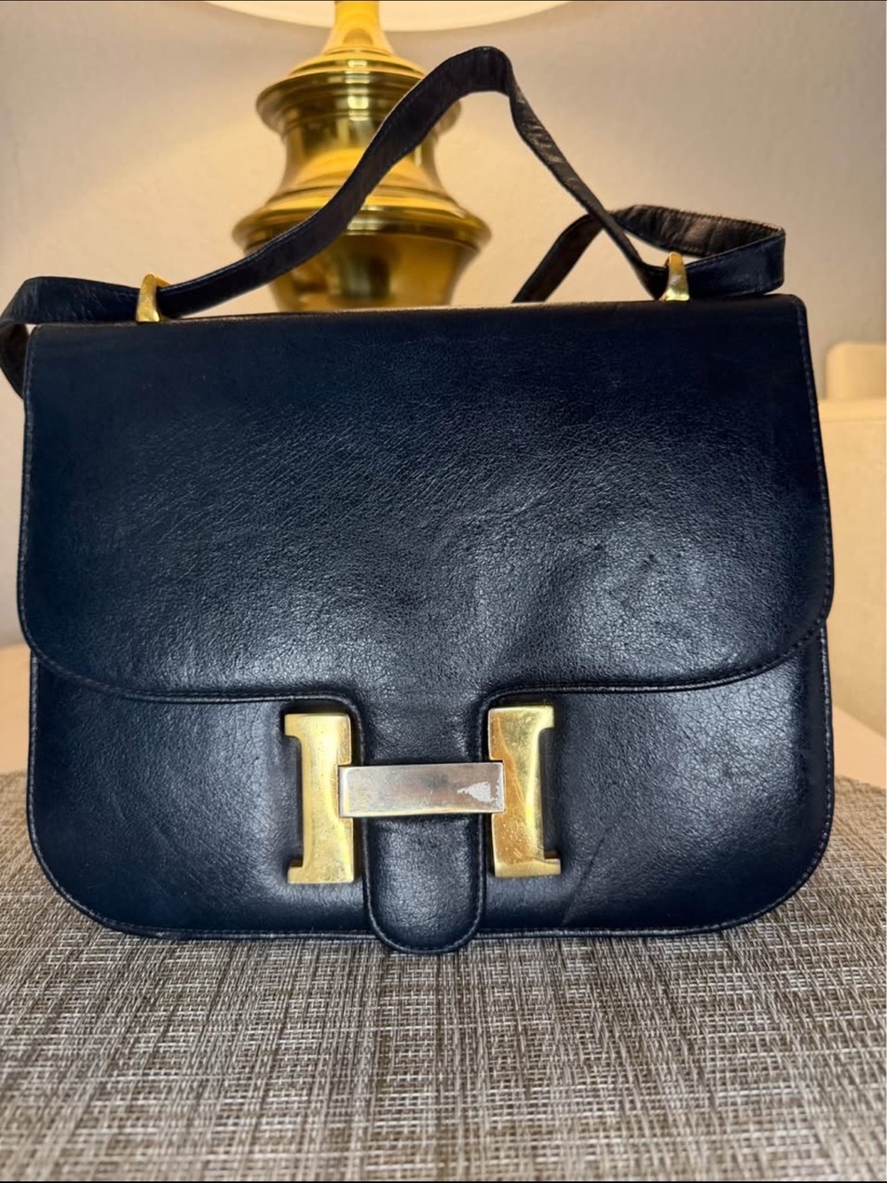 Navy Leather Shoulder Bag with H Hardware